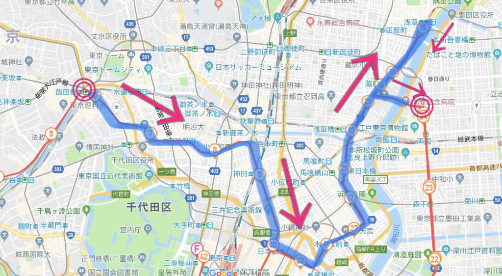 東京マラソンコース、飯田橋〜蔵前橋