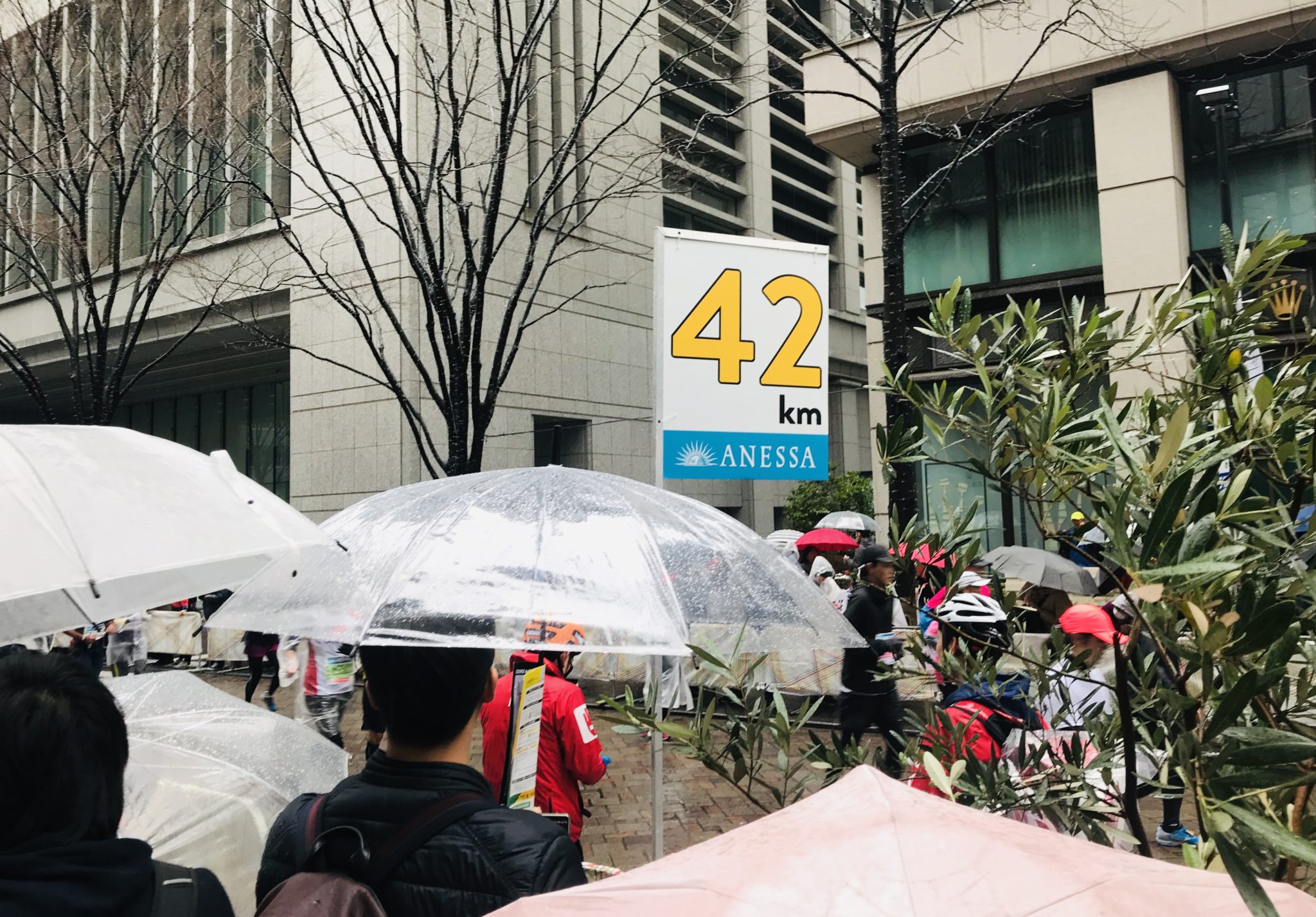 雨の東京マラソン42キロ地点