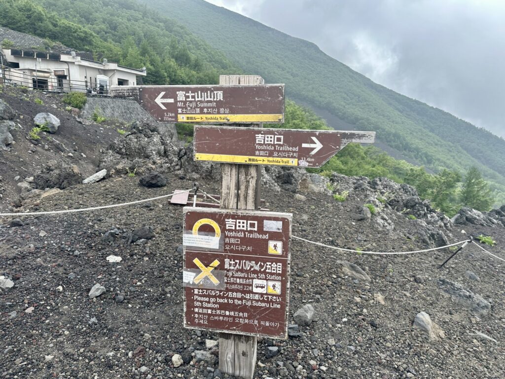 富士山六合目にある分岐看板、富士登山競走の試走時